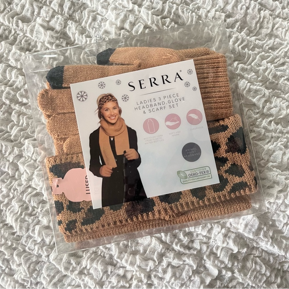 New 3 piece headband, scarf, and gloves set, tan and leopard print.